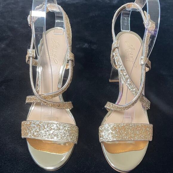Badgley Mischka Jewel Women’s Gold Glitter Strappy Block Heel Sandals Size 8 - Picture 3 of 8